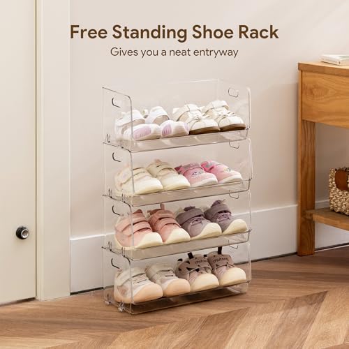 HBlife Clear Acrylic Kids Shoe Rack Baby Toddler Shoe Storage Organizer for Closet Floor Entryway Bedroom, 4 Tier Stackable Small Shoe Rack Shelf Display Stand - size: 4 Tier