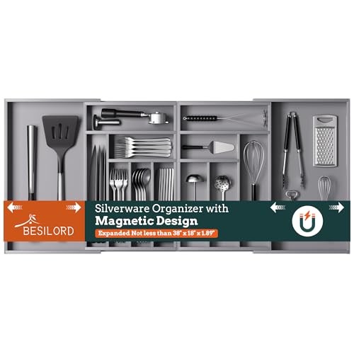 Silverware Organizer Large, Magnetic Connected Expandable 13 Slots Silverware Drawer Organizer from 21 to 37.4 Inches, Adjustable Flatware and Cutlery Holder, Bamboo Utensil Tray for Kitchen Gray - color: Gray, size: 13 Slots