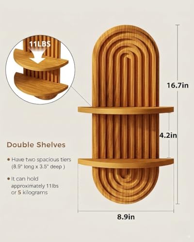 Bamworld Boho Wall Decor Brown Plant Wall Shelf Mid Century Modern Decor Hanging Plant Shelf 16.7in 2 Tier Wooden Floating Shelves for Home Bathroom Bedroom Living Room Office Holding Planter - color: Brown - Glossy, size: 16.7'' -1 Pcs