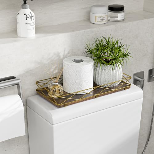 Lixple Toilet Paper Basket Holder, 13" Toilet Tank Tray, Wood and Metal Toilet Tray Vanity Organizer Bathroom Tray, Kitchen Sink Organizer for Soap Dispenser (Brown+Gold) - color: Brown+gold