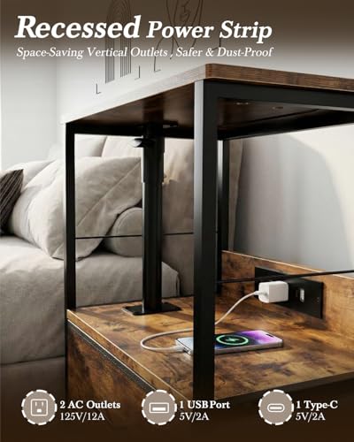 Faesun Swivel Lift Top Nightstand with Charging Station, Rolling Side Table for Recliner, Bedside Table with Wheels & 2 Fabric Drawers, for Small Spaces, for Bedroom, Living Room, Brown - color: Brown, size: 2 Drawers