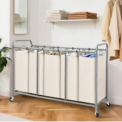 STORAGE MANIAC 5 Section Laundry Sorter, 5 Bins Rolling Separator Laundry Basket, Dirty Clothes Hamper Divider with Heavy Duty Rolling Lockable Wheels, Large Clothes Organizer Cart, Beige - color: Beige, size: 5 Section