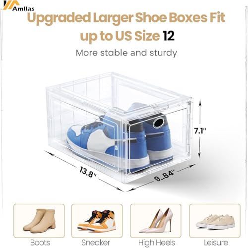 Amllas 12 Pack Clear Shoe Boxes Stackable,Shoe Storage Boxes for Closet,Sturdy Shoe Box Storage Containers with Clear Door,Sneaker Storage,Easy to Assemble,Fit up to US Size 12(13.8”x 9.84”x 7.1”) - color: Clear, size: 12 Pack