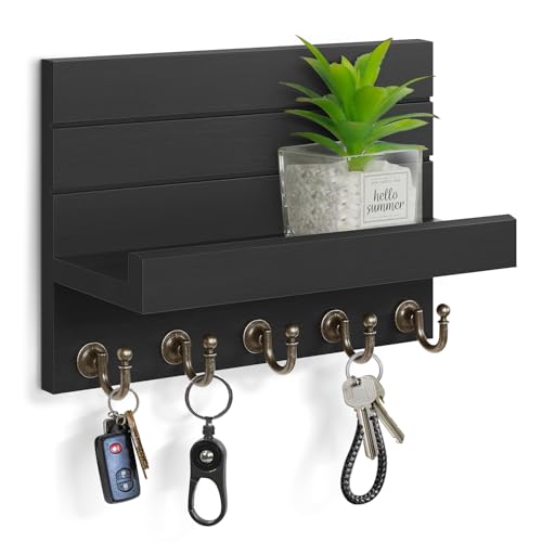 HONJIN Key Holder for Wall: Easy Installation Mail Organizer Wall Mount Hanging Key Rack for Kitchen and Entryway Decor with 5 Sturdy Key Hooks (Black) - color: Black