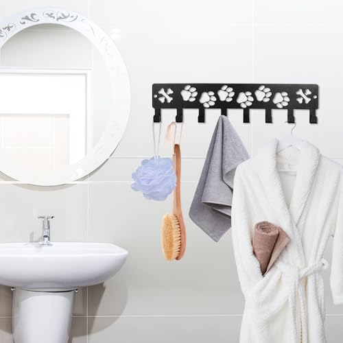 Key Holder Wall Mount & Dog Leash Holder for Wall, Metal Key Rack with 8 Hooks for Entryway/Hallway/Kitchen Decor, Dog Paws Design Wall Organizer 11.8×2.6 Inch with Screw Anchors (Black-Paws)