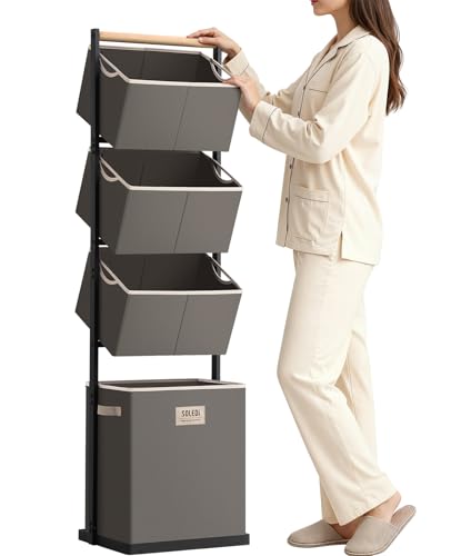 SOLEDI 4 Section Laundry Hamper Sorter, Stackable Laundry Basket Organizer with Removable Basket, 125L 4-Tier Vertical Laundry Sorter for Small Space, Laundry Room, Dorm, Bathroom, Wardrobe Grey - color: Grey