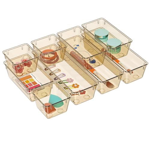 WOWBOX 9 Pack Clear Drawer Organizer Set, Acrylic Drawer Storage Trays, Storage Bins for Makeup, Cosmetics, Jewelries, Utensils, Gadgets, Office, Champagne - color: Champagne, size: 9 PCS