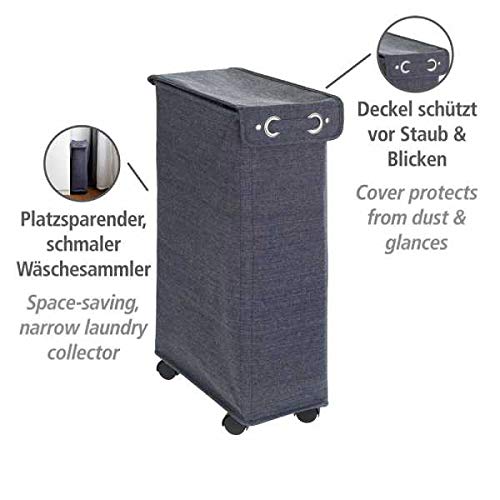 WENKO Slim Laundry Basket with Wheels, Thin Laundry Hamper, Rolling Laundry Bin with Lid, Space Saving Narrow Laundry Hamper for dirty Clothes Storage, 23.6 x 15.8 x 7.3 in, Blue - color: Blue Denim