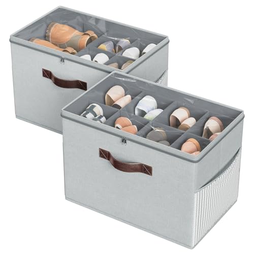Budding Joy 2 Pack Shoe Organizer for Closet, Clear Foldable Shoe Storage Containers Adjustable Dividers Fits 16 Pairs,Shoe Storage Bins Baskets Boxes with Reinforced Handles Light grey - color: Light Gray