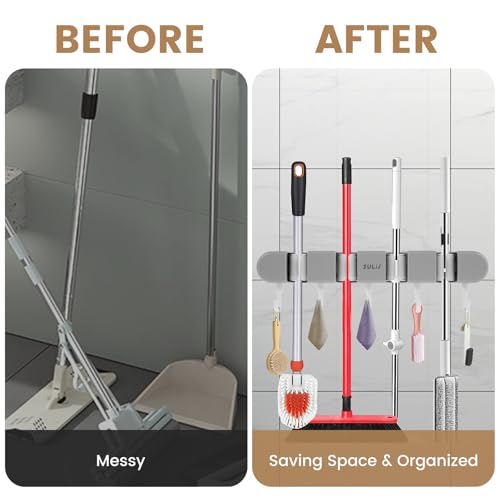 2Pcs Broom Holder Wall Mount, No-Drilling Self-Adhesive Mop and Broom Storage Rack with Hooks (4 Racks with 5 Hooks), Wall-Mounted Broom Hanger for Bathroom, Kitchen, Closet, Garage (Grey) - color: Grey