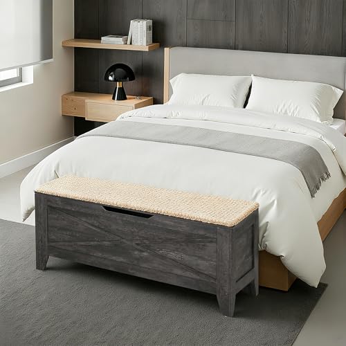 VECELO 43.3" Storage Bench, Entryway Shoe Ottoman, Farmhouse Style Bench with Handwoven Cushion and Metal Safety Hinges, for Bedroom, Living Room, Entryway, Gray - color: Grey, size: 43.3"W
