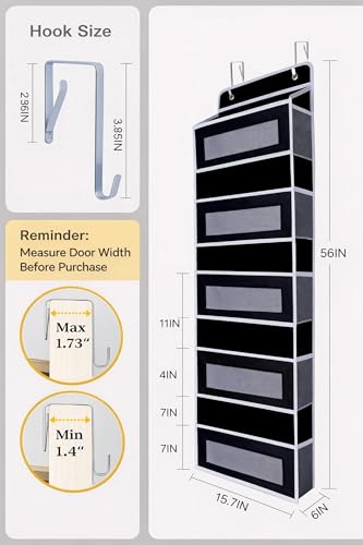 Over The Door Organizer, Reinforced Composite Fabric with Reinforced Stitching and Anti-Sag Structure, 44LB Capacity, 5 Large Pockets & 10 Mesh Pockets for Bathroom, Nursery & Laundry Room (Black) - color: Black