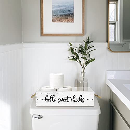 PZJIEAN Funny 2 Sides Hello Sweet Cheeks White Bathroom Decor Box with Handle, Farmhouse Bathroom Decor Box for Toilet Paper, Back of Toilet Organizer - color: White