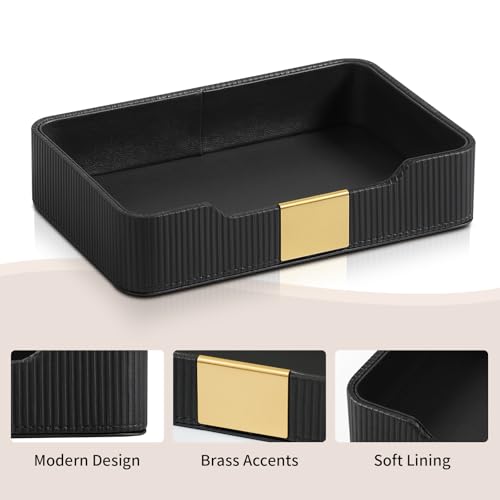 Valet Tray Desktop Storage Organizer, PU Leather Catchall Bedside Vanity Tray with Brass Accents Block Nightstand Organizer for Keys Watch Wallet Phone, Decorative Nightstand Storage (Black) - color: Black