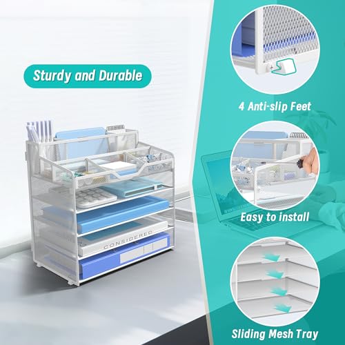 5 Tier Mesh Desk Organizer,Multi Functional Letter Paper Tray with 3 Pen Holders and 5 Adjustable Storage Compartments for Office Supplies Files and Mail Space Saving Desktop Organizer-White - color: 5 Tier-white