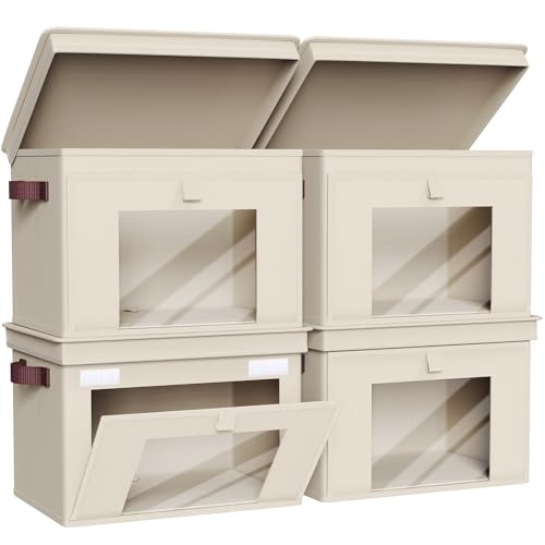 Univivi Storage Bins with Lids, Large Closet Organizers and Storage with Handles & Window, Foldable Fabric Storage Cubes with Lids for Home, Closet, Bedroom, 4 Pack, (Beige, 16.5“ x 12” x 12") - color: Light Beige, size: 16.5''-4 Pack