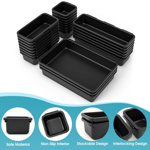 25 PCS Drawer Organizer Set, 4 Size Makeup Drawer Divider Organizer With Non-Slip Pads, Interlocking Plastic Storage Bins for Office,Jewelry Vanity,Gadgets, Bathroom,Kitchen, Black - color: Black, size: 25Pack