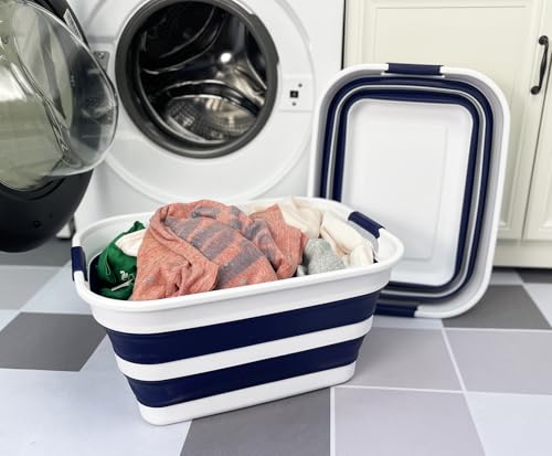 SAMMART Collapsible Plastic Laundry Basket with Handle/Foldable Pop Up Storage Hamper/Portable Laundry Organizer-Space Saving Washing Tub/Household Storage (White/Starry Blue, 27L (Set of 2)) - color: White/Starry Blue, size: 27L (Set of 2)