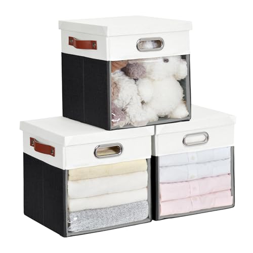 Ultra Thick Fabric Storage Cubes with Lids & Windows, 11-Inch Foldable Closet Storage Bins with 3 Handles, Home Decorative Boxes for Bedroom, Living Room, Dorm, Office (Balck & White) - color: Balck&White, size: 11"L x 11"W x 11"H