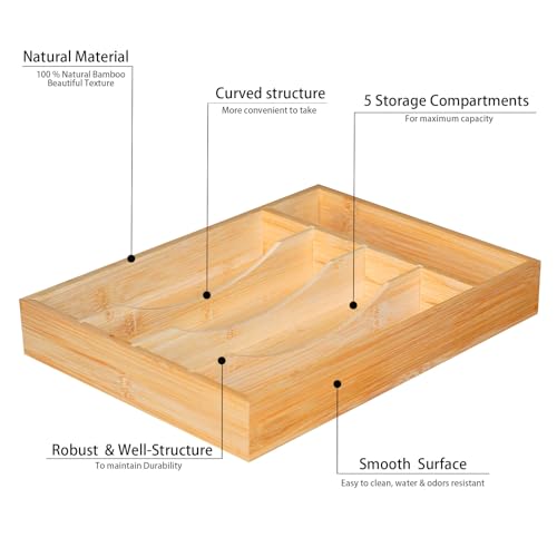 Krismax Bamboo Silverware Drawer Organizer，5 slots Wood Storage Containers, Junk Drawer Divider Organzers, Untensils Cutlery Tray, Kitchen Flatware