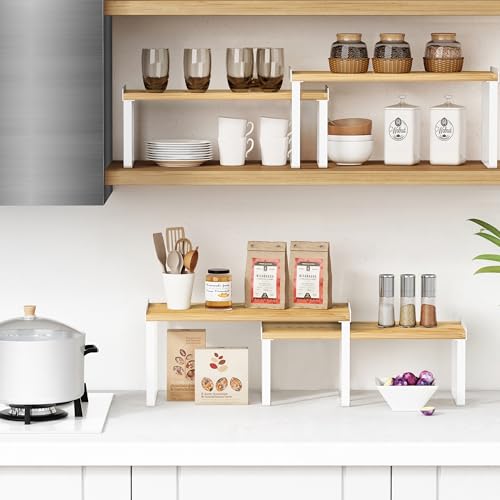Goozii Kitchen Cabinet Organizer Shelf Set of 4, Large Stackable Pantry Cupboard Countertop Storage and Organizer, Desk Shelf Riser, Spice Plate Cup Expandable Storage Rack (Bamboo White) - color: White-bamboo, size: Large