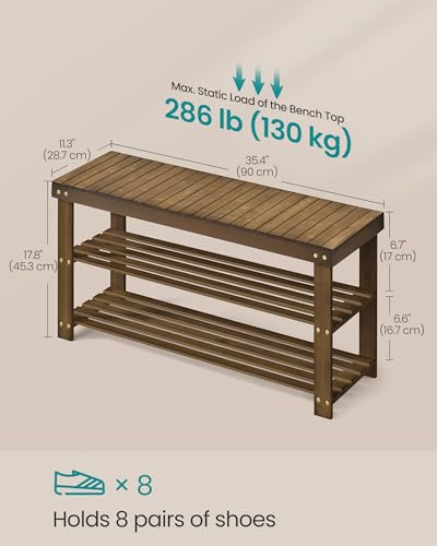 SONGMICS Shoe Rack Bench, 3-Tier Bamboo Shoe Storage Organizer, Entryway Bench, Holds Up to 286 lb, 11.3 x 35.4 x 17.8 Inches, for Entryway Bathroom Bedroom, Yellow Brown ULBS090K01 - color: Yellow Brown, size: 35.4"W