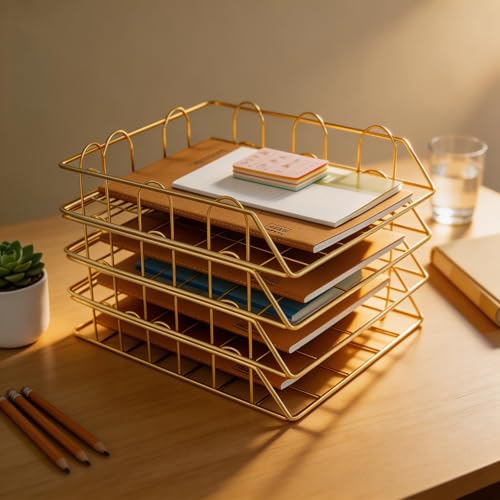JIARI 4 Pack Desk Organizer Stackable Letter Tray Paper Organizer, Metal Desk Organizer Tray for Letter/A4 Paper Storage, for Office Supplies (Gold 4 Pack) - color: Gold 4 Pack