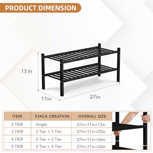 2 Tier Bamboo Shoe Rack Storage Organizer for Closet, Multifunctional Stackable Free Standing Shoe Shelf Organizer for Small Space,Entryway,Hallway,Bathroom 27"x11"x13" (Black, 2 Tier) - color: Black, size: 2 Tier