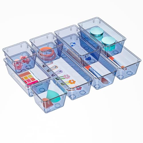 WOWBOX 9 Pack Clear Drawer Organizer Set, Acrylic Drawer Storage Trays, Storage Bins for Makeup, Cosmetics, Jewelries, Utensils, Gadgets, Office, Dark Blue - color: Dark Blue, size: 9 PCS