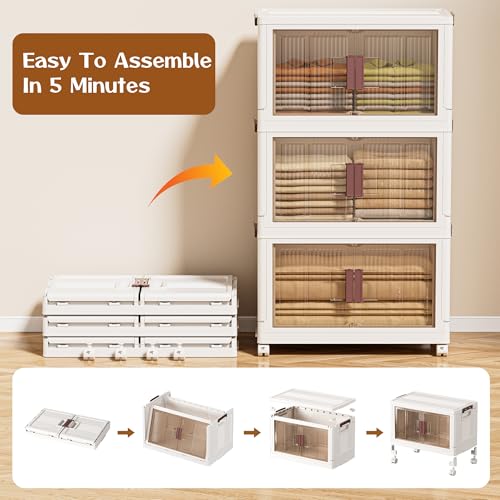 32GAL/128QT 4 tier large stackable storage bins with lid and wheels, collapsible storage bins plastic with doors，suit for clothes, closet, home and office - size: 32QT, style: 4 Pack