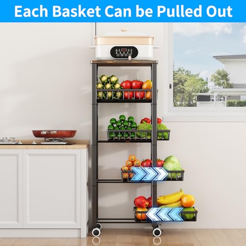 Fruit Vegetable Storage Basket for Kitchen, 5 Tier Large Pull-Out Metal Wire Baskets with 4 Pack Mats Bottom, Wood Top and Wheels, Vegetable Produce Bins Stand Cart Rack for Onions and Potatoes - color: 5 Tier-black With Four Mats and Wood Top