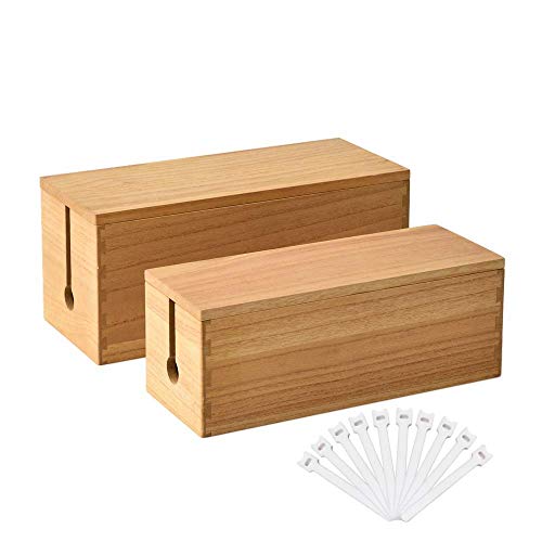 KIRIGEN Wooden Cable Management Box Set of 2 - Solid Wood Large & Small Cord Organizer Hides Power Strips, Chargers & Wires for Desk, TV Stand, Home Office DXH2T-NA - color: Natural