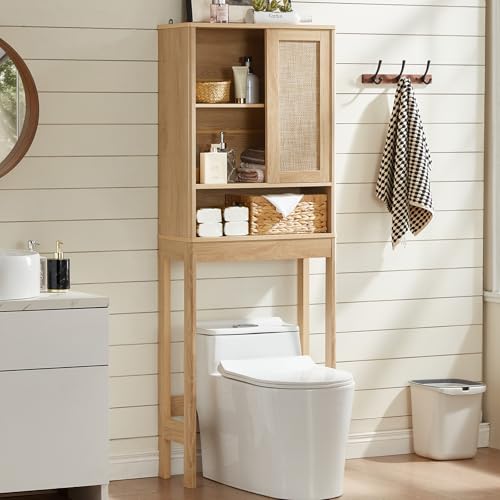 LEYAOYAO Over The Toilet Storage Cabinet with Rattan Sliding Door, 68" Tall Wood Above Toilet Bathroom Organizer w/Adjustable Shelf & Curved Profile, Space Saver Freestanding Washer Shelf, Natural - color: Natural, size: 10"D×23.3"W×68"H