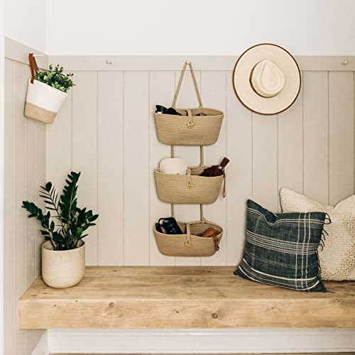 OrganiHaus Over the Door Hanging Basket for Organizing, 3-Tier Hanging Wall Basket for Storage, Boho Nursery Decor for Wall, Behind Door Wall Storage, Wall Organizer for Office, Wall Toy Storage Honey - color: Full Honey
