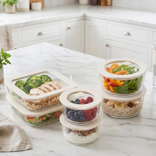 Urban Green Glass Food Container Set with Glass Lid, 6 Pack, Food Storage Containers Set, Airtight, LeakProof, Micowave Safe, 100% Plastic Free, Meal Prep Containers (White Color) - color: White Sand-6P