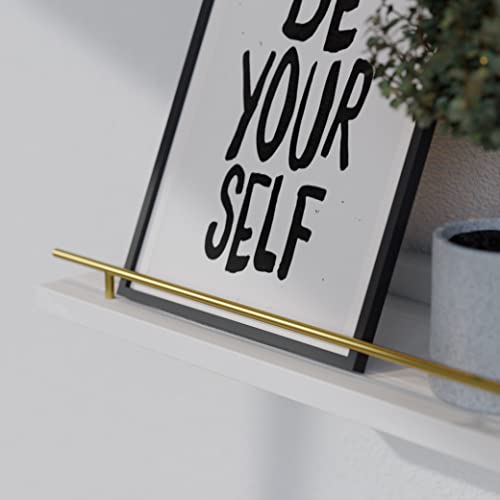 WOPITUES Floating Shelves 24 inch with Gold Metal Guardrail, Shelves for Wall Decor Set of 3, Wall Shelves for Bedroom, Bathroom, Kitchen, Living Room, Plants, Picture Frames, Art- White and Gold - color: White and Gold, size: 23.6 inch
