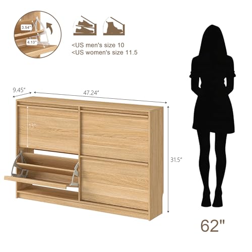 Shoe Storage Cabinet for Entryway with 4 Flip Drawers, Wooden Shoe Organizer Cabinet with Adjustable Shelf, Slim Freestanding Shoe Rack for Entryway, Hallway, Living Room, Natural Oak - color: Natural Oak