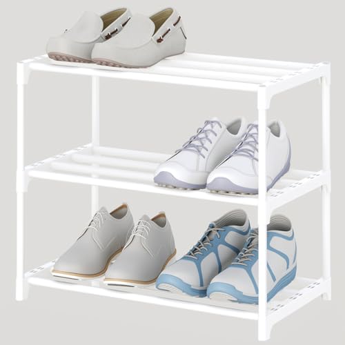 3-Tier Small Shoe Rack, Metal Stackable Kids Shoe Shelf Storage Zapateras Organizer,Narrow Shoe Rack Sturdy for Closet Hallway Entryway Living Room Bedroom (White) - size: 3-White