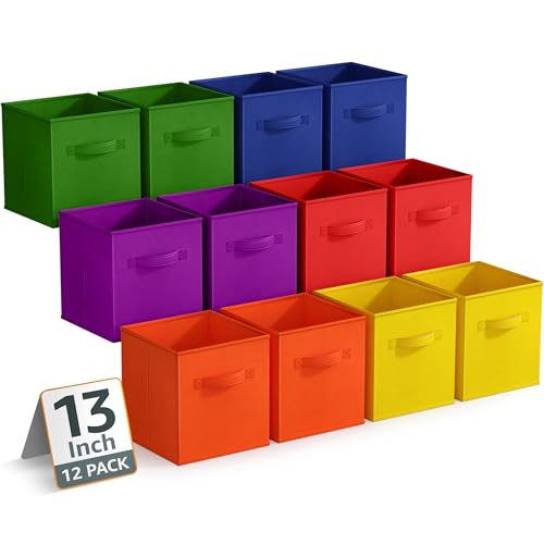 Sorbus 13 Inch Storage Bins - Sturdy Collapsible Fabric Storage Cubes with Handle - 12 Foldable Baskets for Organizing Clothes, Toys, Books - Storage Baskets for Shelves, Closets - color: 12 Pack Deep Rainbow, size: 13 Inch