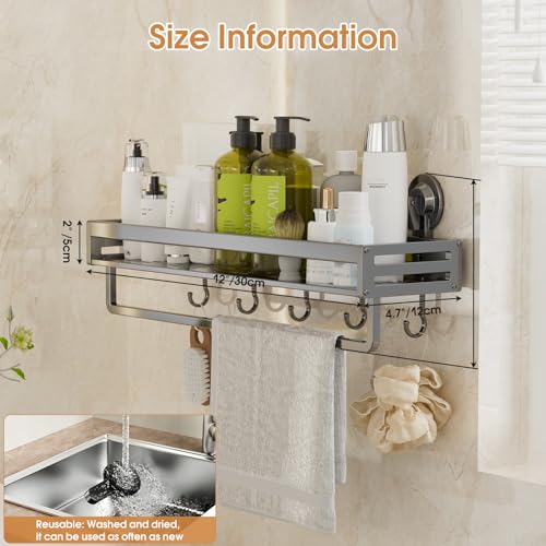 Shower Caddy Suction Cup, 11.8 inch Suction Shower Shelf with Hooks NO-Drilling Bathroom Holder, Rustproof Bathroom Organizer, Dark Grey - size: 11.8 inches