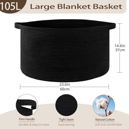 OIAHOMY 105L Blanket Basket for Living Room, Large Basket 23.6" x 23.6" x 14.6" with Handle, Laundry Hamper for Blankets, Pillows, Toy Storage for Kids, Dogs - Black - color: Black, size: 23.6" x 23.6" x 14.6"