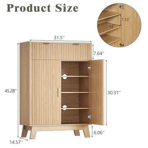 HUANLEGO Shoe Cabinet Storage for Entryway, 4 Tier Fluted Shoe Storage Cabinet with 2 Drawers, Narrow Hidden Shoe Organizer with Adjustable Shelves, Freestanding Shoe Rack for Entryway, Hallway, Oak - color: Oak, size: 4 Tier