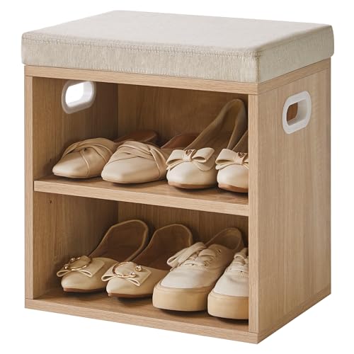 YMYNY Small Shoe Storage Bench with Cushion, 2 Tier Entryway Bench with Storage, Shoe Rack Bench for Entryway, Living Room, Hallway, Closet, Bedroom, 15.4L*11W*16.54H, Light Natural UHBD028R - color: Light Natural