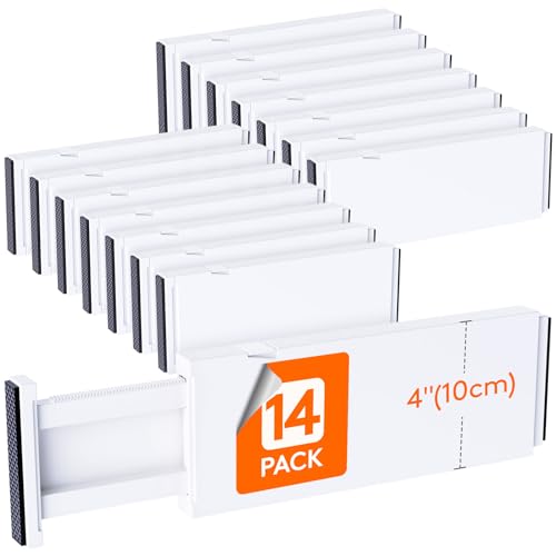Lifewit 14 Pack Drawer Dividers for Clothes, 10.9-16" Adjustable Drawer Organizers, 4" High Plastic Expandable Drawer Separators in Bedroom/Office/Bathroom/Kitchen Storage, White - color: White