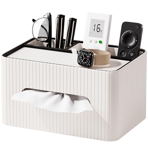 KINGFOM Leather Tissue Box Cover with Storage Tray, Decorative Tissue Box Holder Organizer for Office Desk, Bedroom & Nightstand, Remote Control Holder for Perfume, Watch, Glasses, Pens (Ivory White) - color: Ivory White