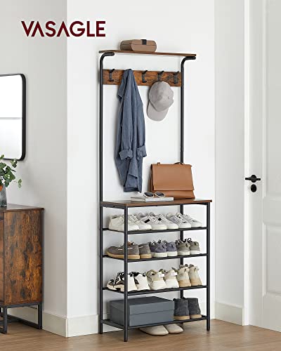 VASAGLE Hall Tree with Shoe Bench, Coat Rack Shoe Bench, 5-Tier Shoe Rack Different Heights, 5 Dual Hooks, Top Shelf, Entryway Organizer, Hallway Bedroom Dorm, Rustic Brown and Black UHSR412B01 - size: 26.8”W