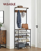 VASAGLE Hall Tree with Shoe Bench, Coat Rack Shoe Bench, 5-Tier Shoe Rack Different Heights, 5 Dual Hooks, Top Shelf, Entryway Organizer, Hallway Bedroom Dorm, Rustic Brown and Black UHSR412B01 - size: 26.8”W