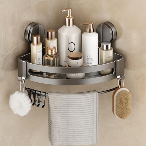 VOLPONE Shower Caddy Suction Cup, Corner Shower Shelves No Drilling, Showers Organizer Storage with Towel Bar & Removable Hooks, Bathroom Shower Shelf Rack for Inside Showers, Triangle - style: Triangle 1 Tier