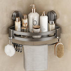 VOLPONE Shower Caddy Suction Cup, Corner Shower Shelves No Drilling, Showers Organizer Storage with Towel Bar & Removable Hooks, Bathroom Shower Shelf Rack for Inside Showers, Triangle - style: Triangle 1 Tier