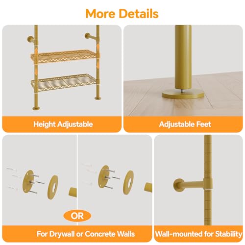 Higeego W5 Adjustable Clothing Rack, Wall Mounted Closet System Expandable Clothes Rack Adjustable Shelves, Heavy Duty Pipe Wardrobe for Walk-in/Reach-in Closet, 9-12 ft Wide 1300LBS Load, Gold - color: Gold
